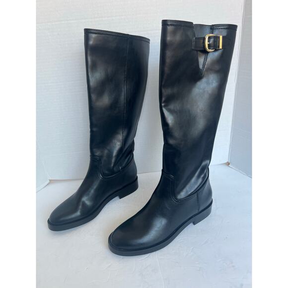NWT Zara Black Vegan Equestrian Riding Zip Up Buckle Detail Knee High Boots Sz 8 - Picture 1 of 12